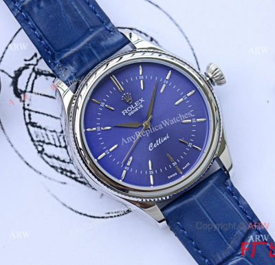 Copy Rolex Cellini Time 40mm Watch Blue Dial Blue Leather Strap